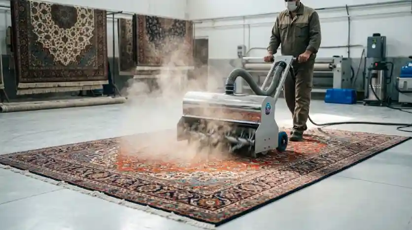 دستگاه غبارگیر ضربه‌ای فرش در حال حذف خاک عمقی