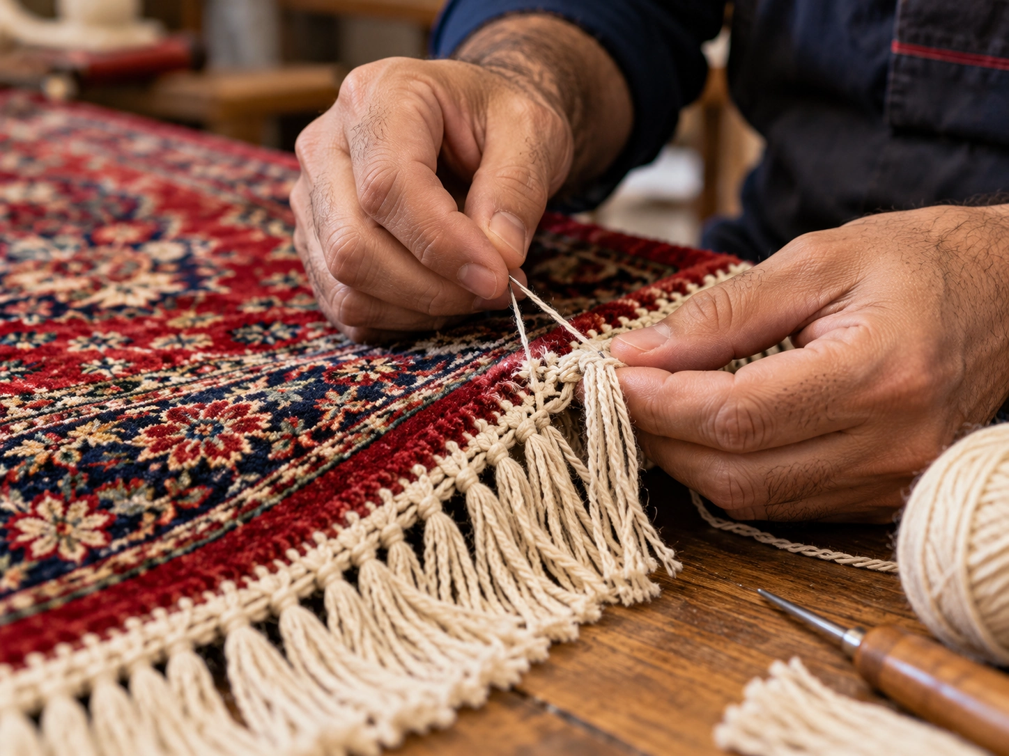 رفوگری فرش در فلاح و ترمیم ریشه و شیرازه فرش توسط استادکار