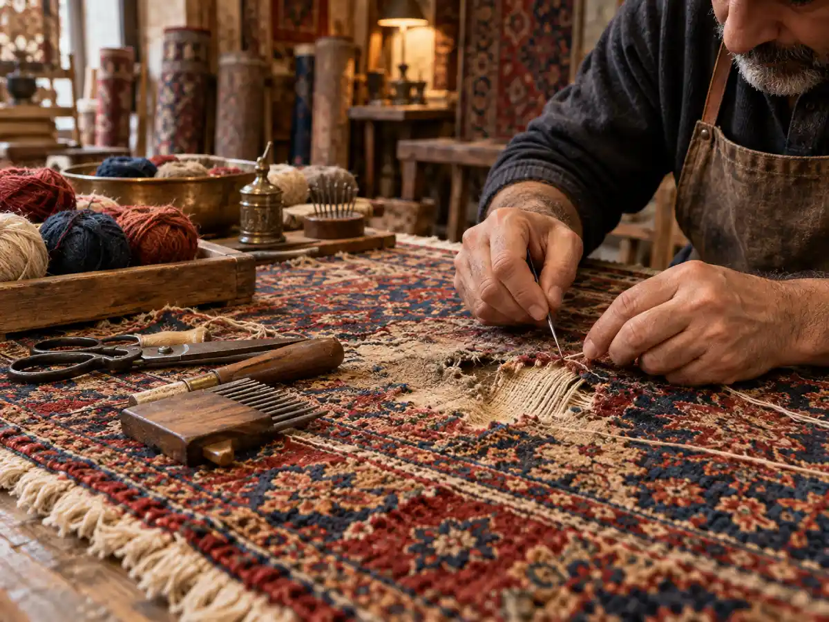 رفوگری و ترمیم قسمت آسیب دیده فرش قدیمی توسط استادکار قالیشویی مدرس