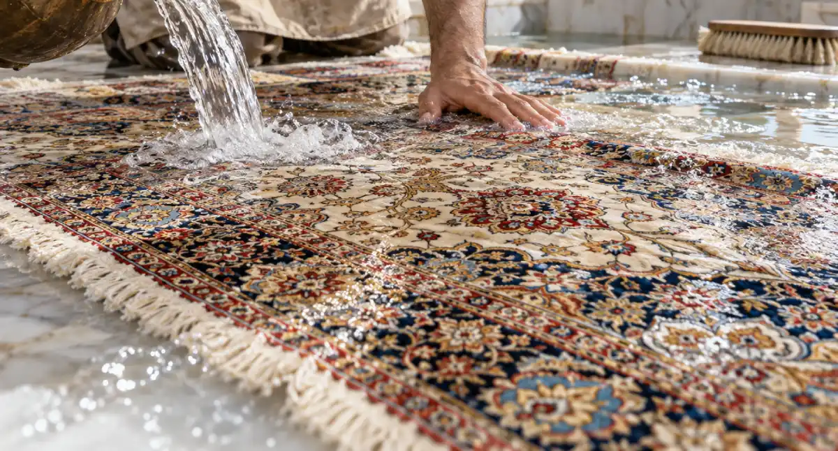 شستشوی دستی فرش دستباف و ابریشم با آبکشی ملایم در قالیشویی مدرس