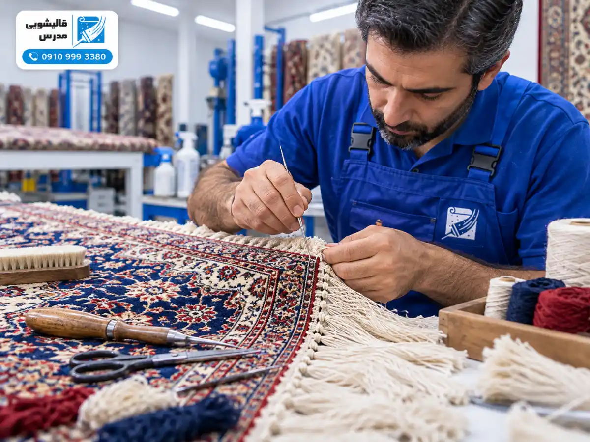 رفوگری و ریشه دوزی فرش دستباف توسط متخصص ترمیم فرش